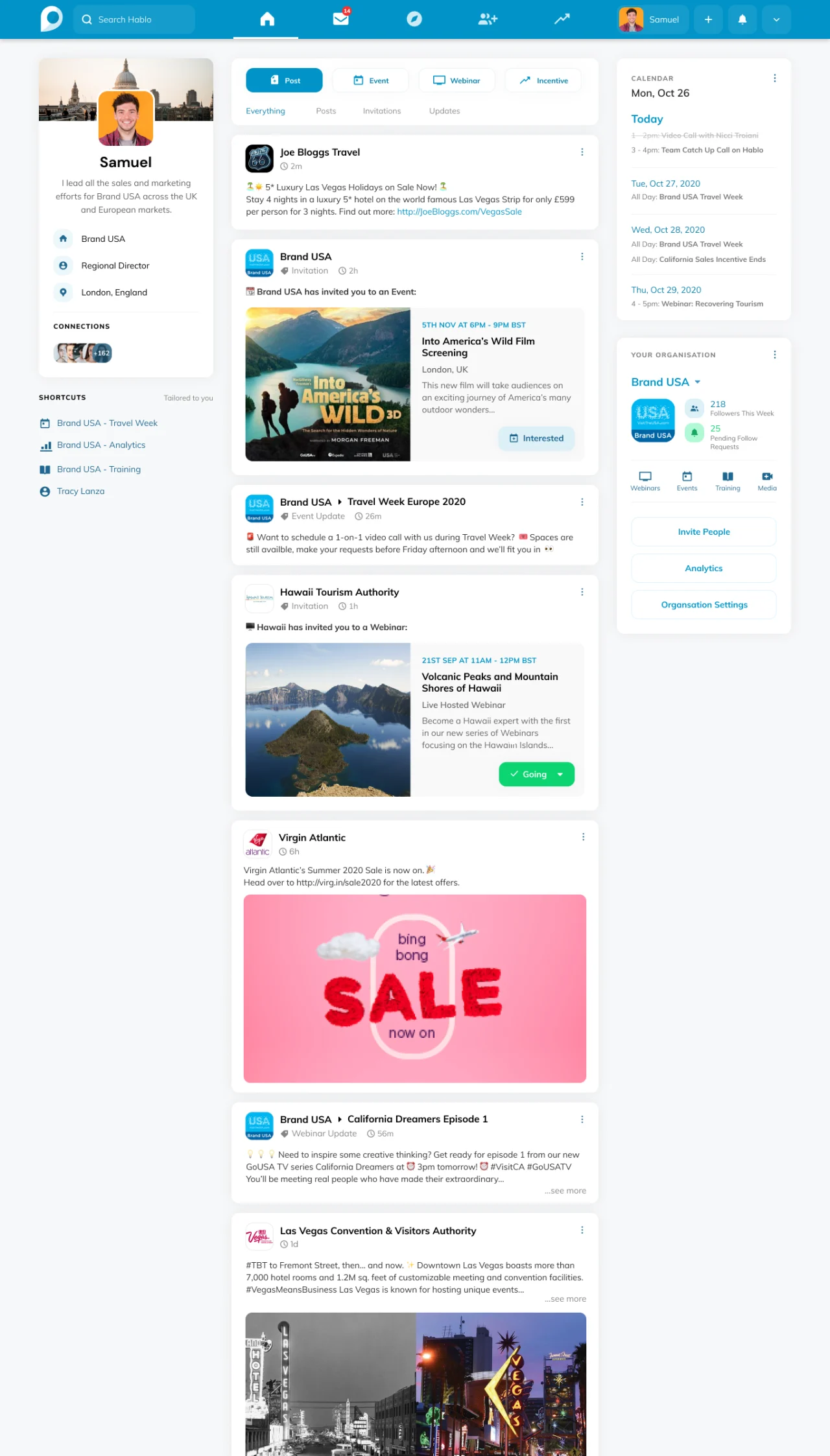 The original Hablo home feed, with industry posts, events, and organization tools.